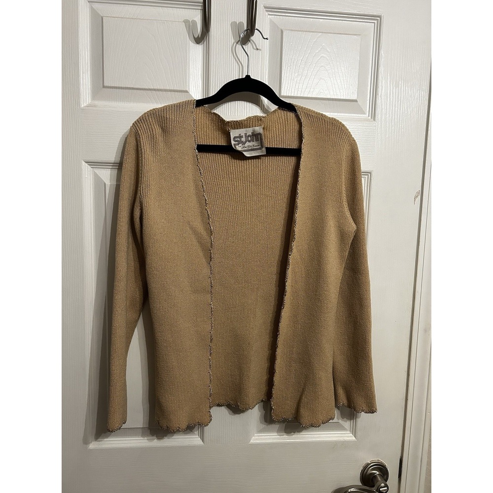 St John Vintage Small Sweater Cardigan Knit Beige Metallic Elegant Classic